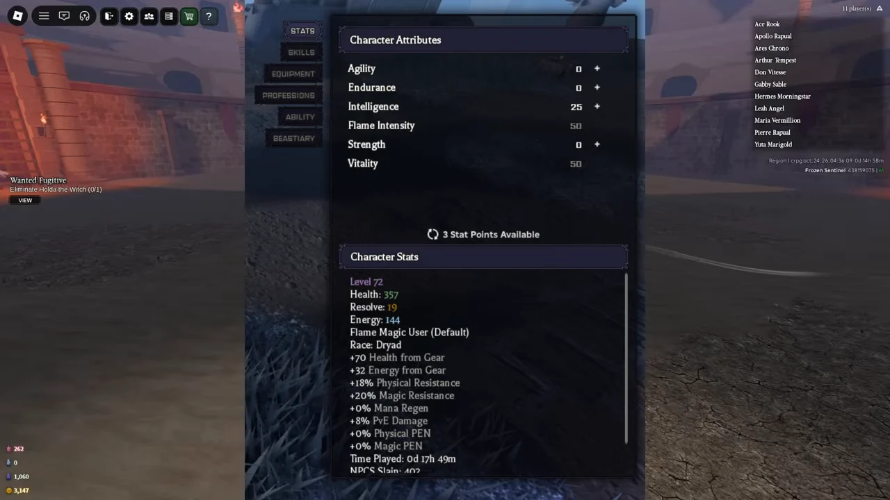Pot Guy’s level 72 Flame character: 50 Flame Intensity, 50 Vitality, 25 Intelligence, 357 Health and 20% Magic Resistance.