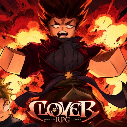 Clover RPG release artwork with a dark-clad character and red flames.