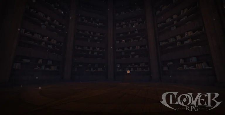 A dim wooden library lined with tall bookshelves in a Clover RPG promotional scene.