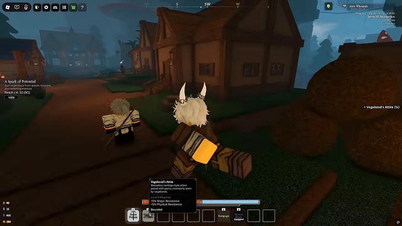 Vagabond’s Attire tooltip showing Level 5 Required, 5% Magic Resistance and 5% Physical Resistance.