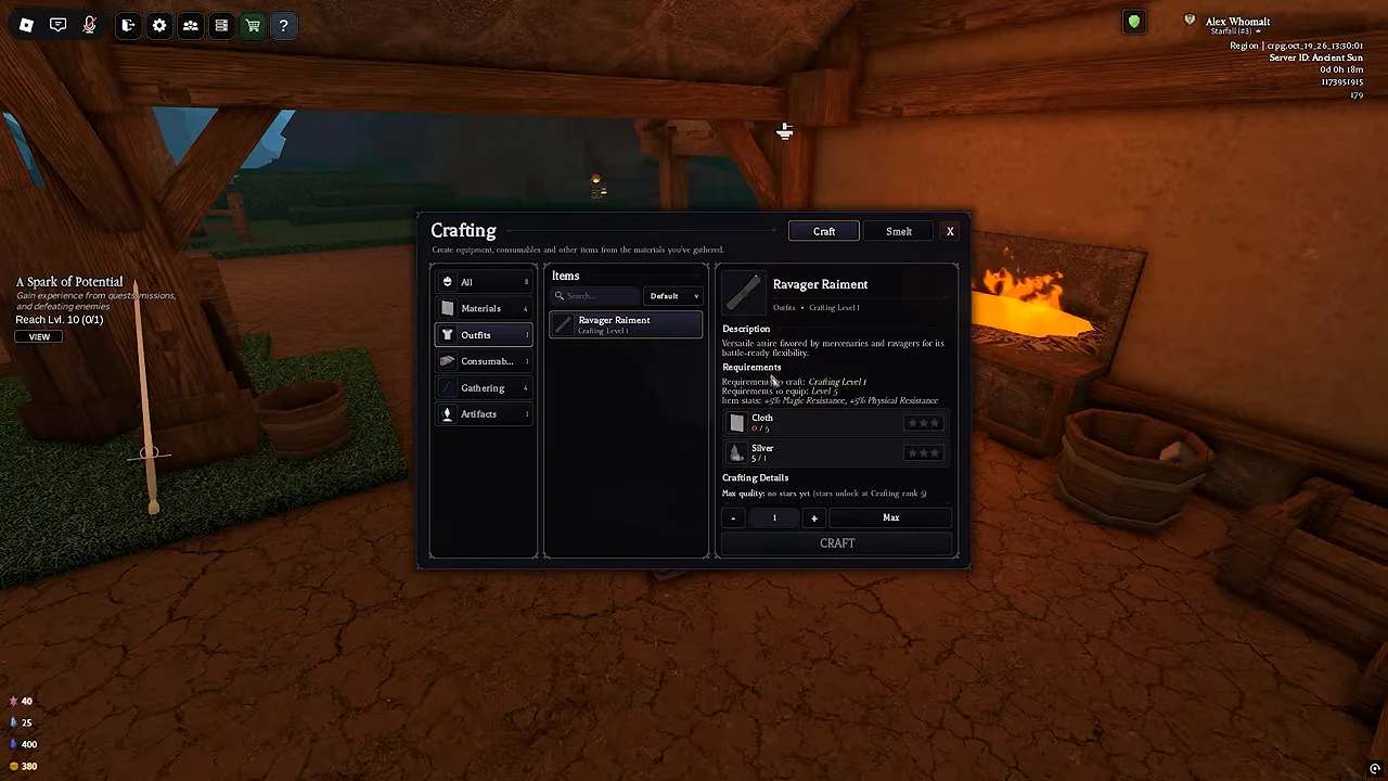 Ravager Raiment crafting panel with Crafting Level 1, Level 5 equip requirement, five Cloth and one Silver.