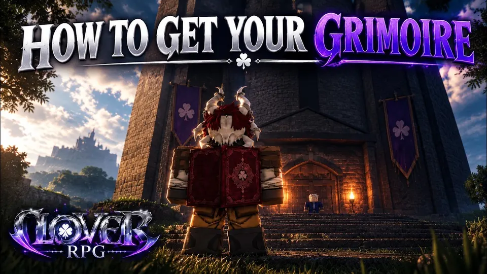 Clover RPG grimoire guide cover showing a character holding a red book outside a stone tower.