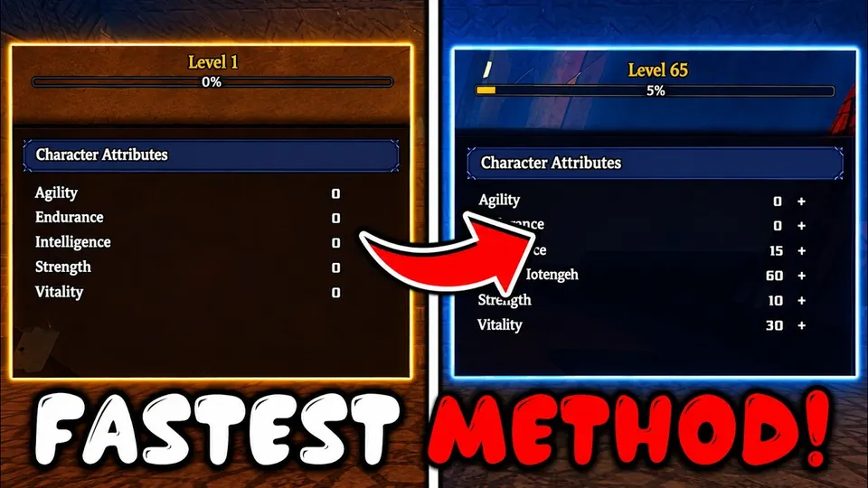 Clover RPG leveling video cover comparing two character attribute panels.