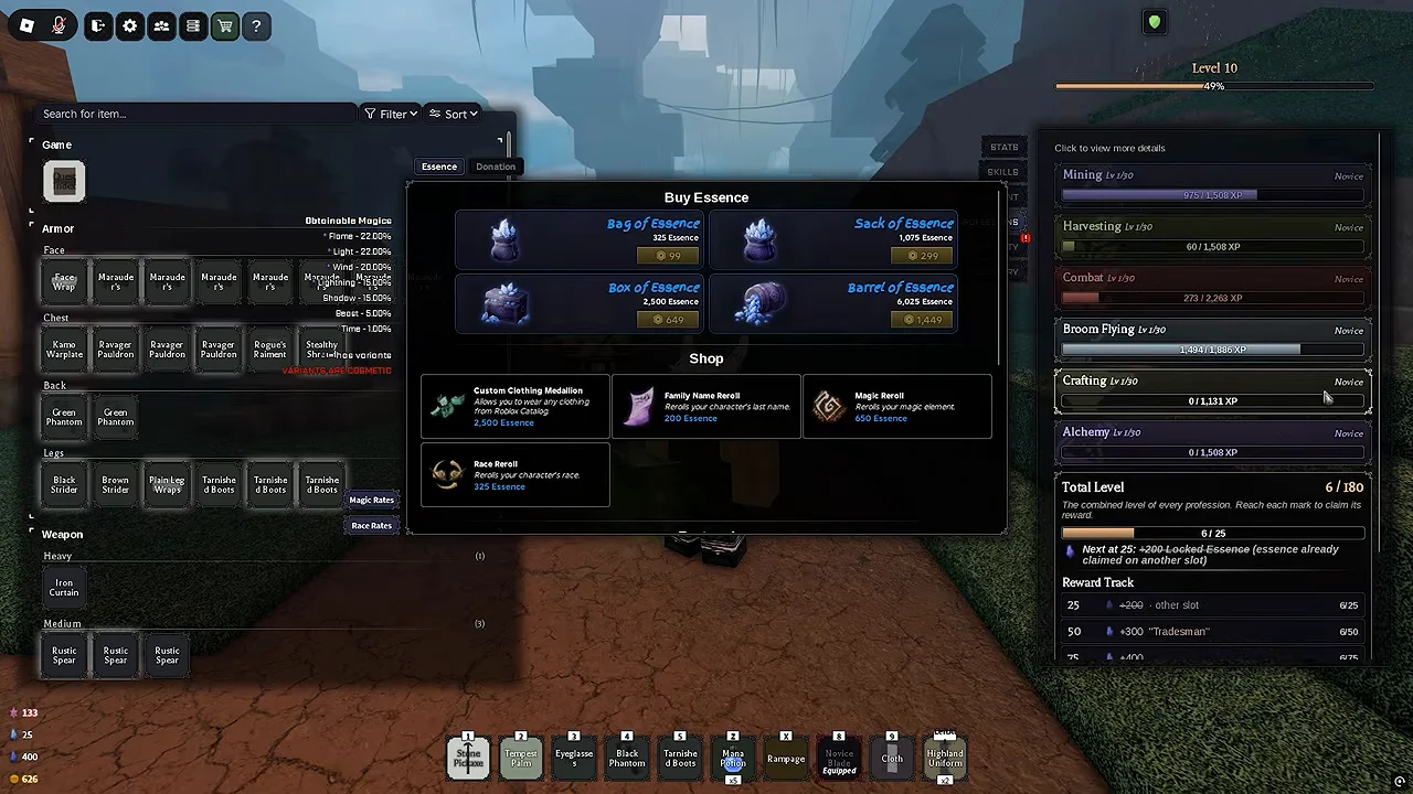 Clover RPG Essence shop with a Magic Reroll card priced at 650 Essence.