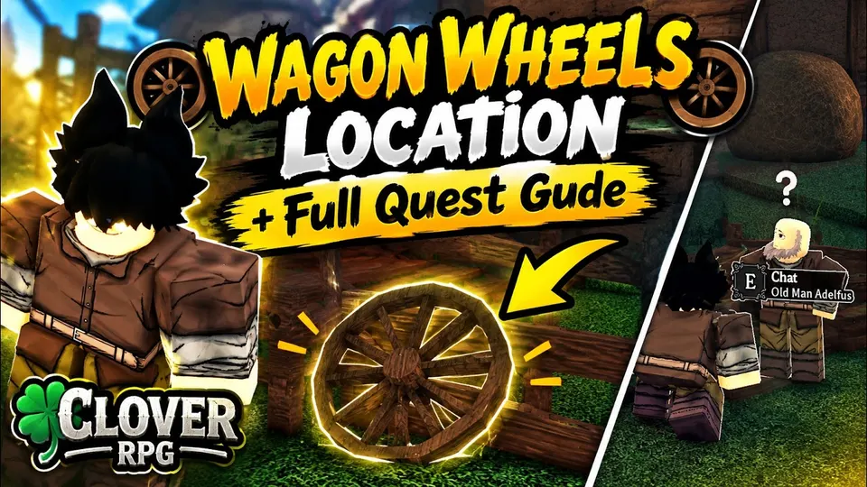 Clover RPG wagon-wheel quest cover showing wheels and scenes around the village.